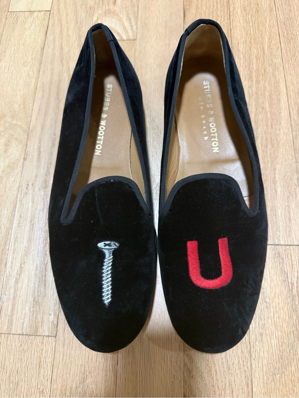 Stubbs & Wootton Black Velvet Loafers with Red Embroidered 'U' and Silver Screw